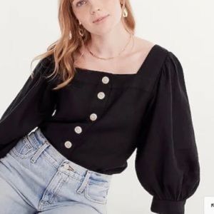 NWT J Crew Square Neck Button-Front Linen Top Black XL